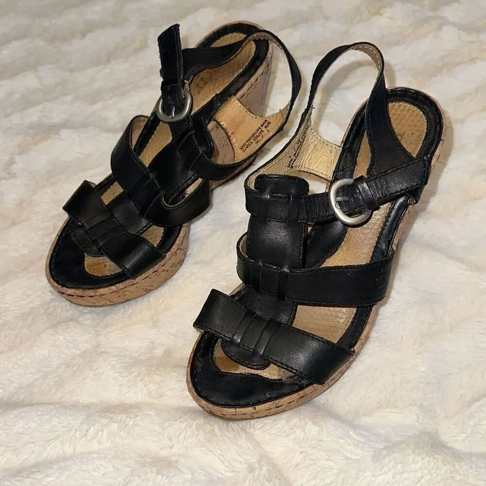 Born Black Patent Leather Cork Wedge Sandals | Sz 7